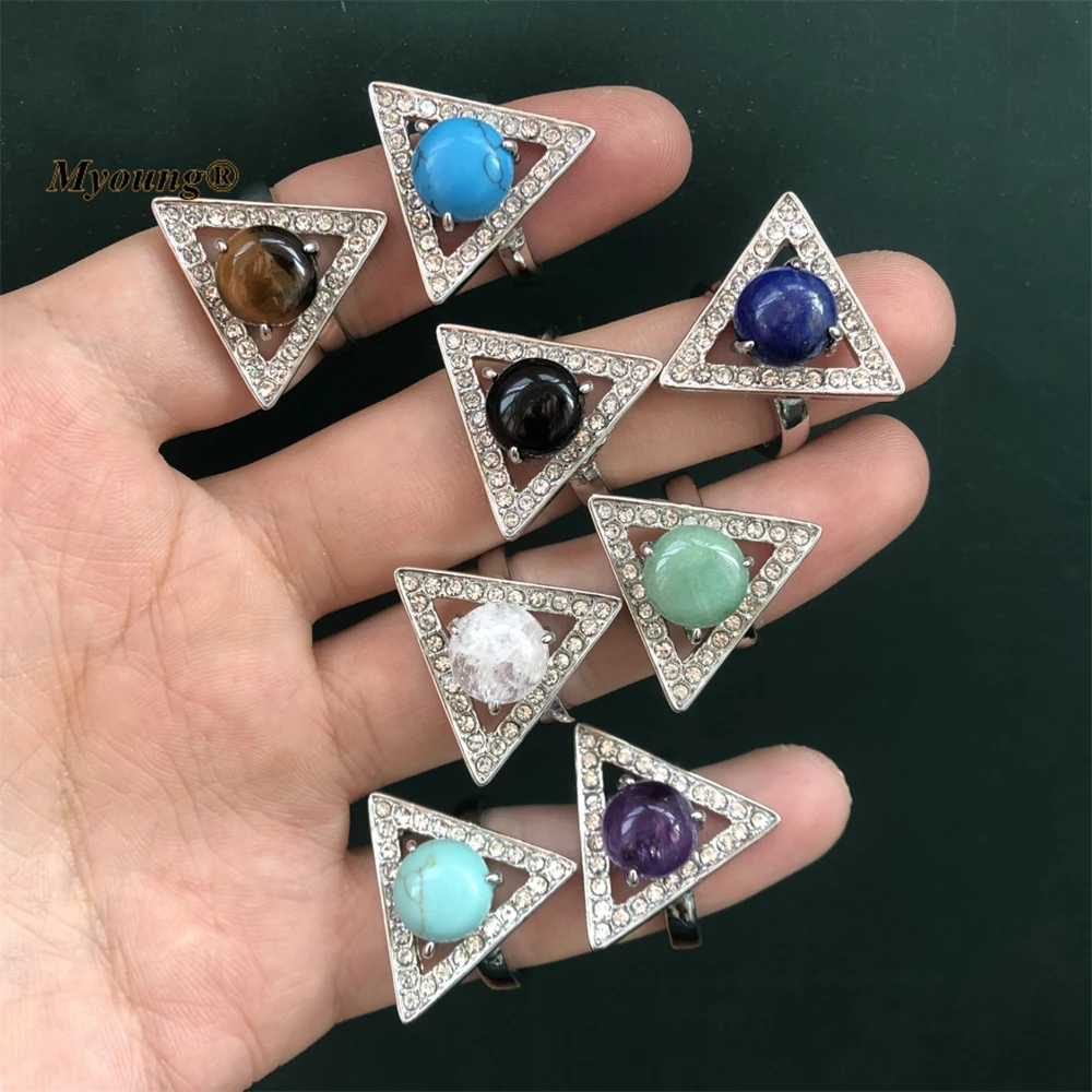 Round Gems Stone Inlaid Zircon Triangle Adjustable Rings Reiki Healing Crystal Lapis Rose Quartzs Open Ring Women MY221018