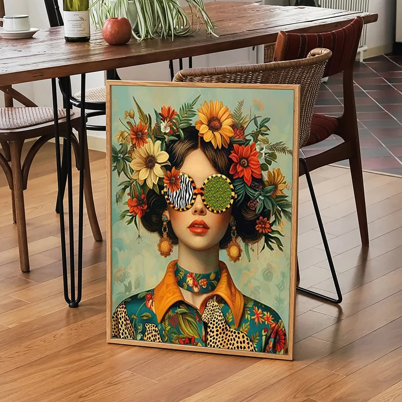 Fashion Glasses Woman with Flowers Canvas Painting Flowers with Girl Portrait Posters and Prints Nordic Boho Mural Picture Art
