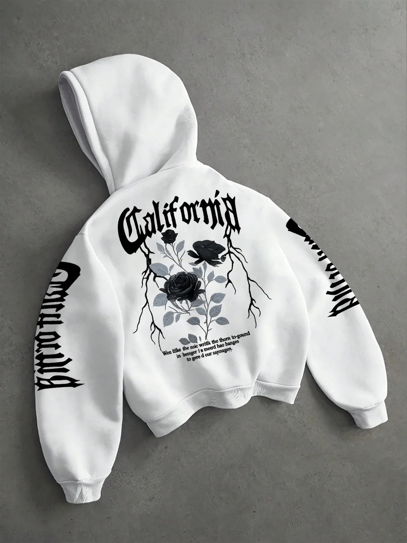 Men Rose Floral Printed Hoodies California Graphic Sweatshirt Gothic Letter Loose Fit Y2K Aesthetic Warm Fall Winter Tops
