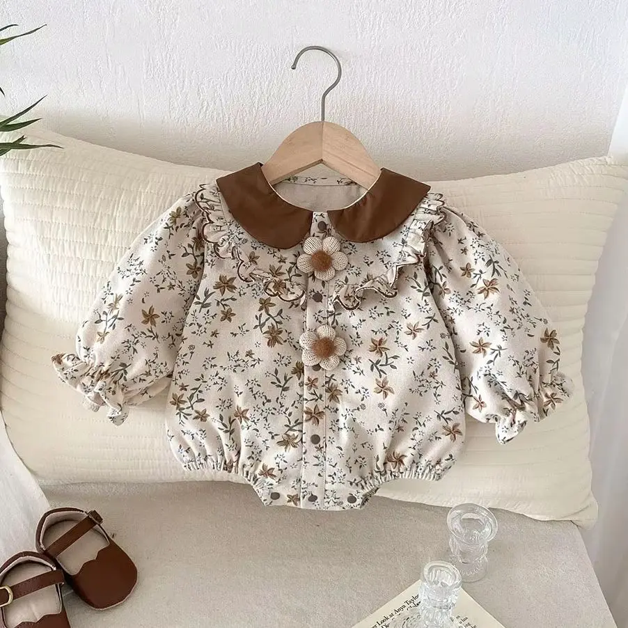 2026 Spring Retro Style Infant Baby Bodysuits Toddler Girls One Piece Floral Princess Girl Clothes Jumpsuit Toddler Girls Outfit