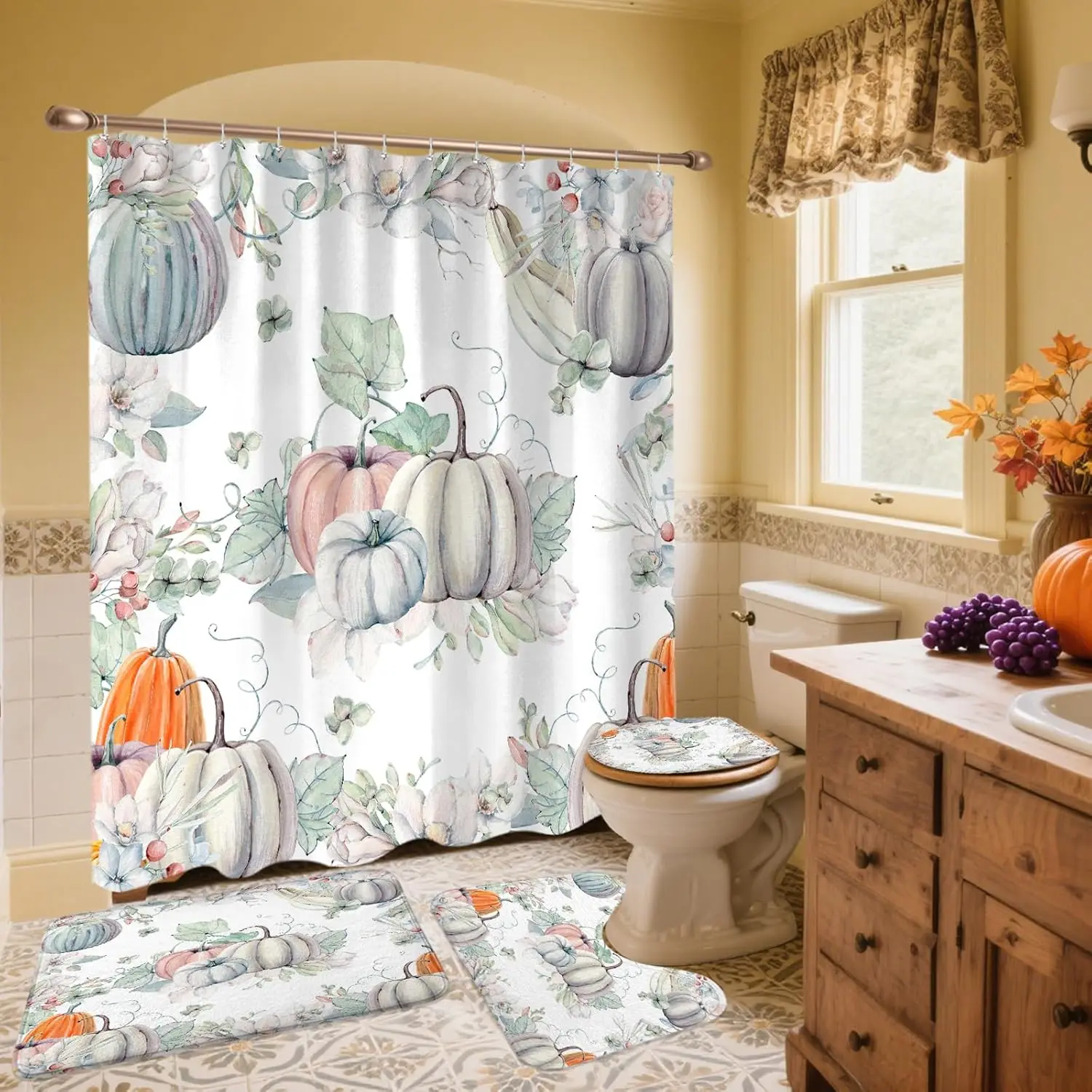 

Осенние темно-бирюзовые наборы для ванной комнаты с ковриками и аксессуарами, состоящие из 4 предметов, милая осенняя праздничная занавеска для душа в стиле бохо на День благодарения с