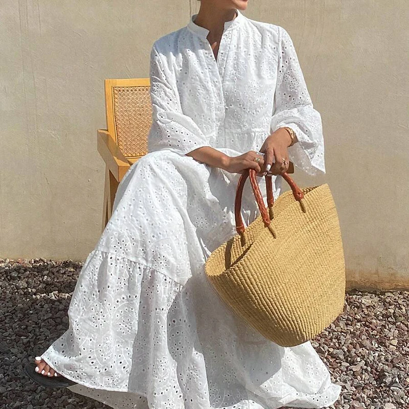 Elegantes Sommerkleid für Damen mit halboffenem Kragen, Falten, hoher Taille, Cut-Outs, Urlaubskleid, modisches, einfarbiges Maxikleid mit 3/4-Ärmeln und lockerer Passform