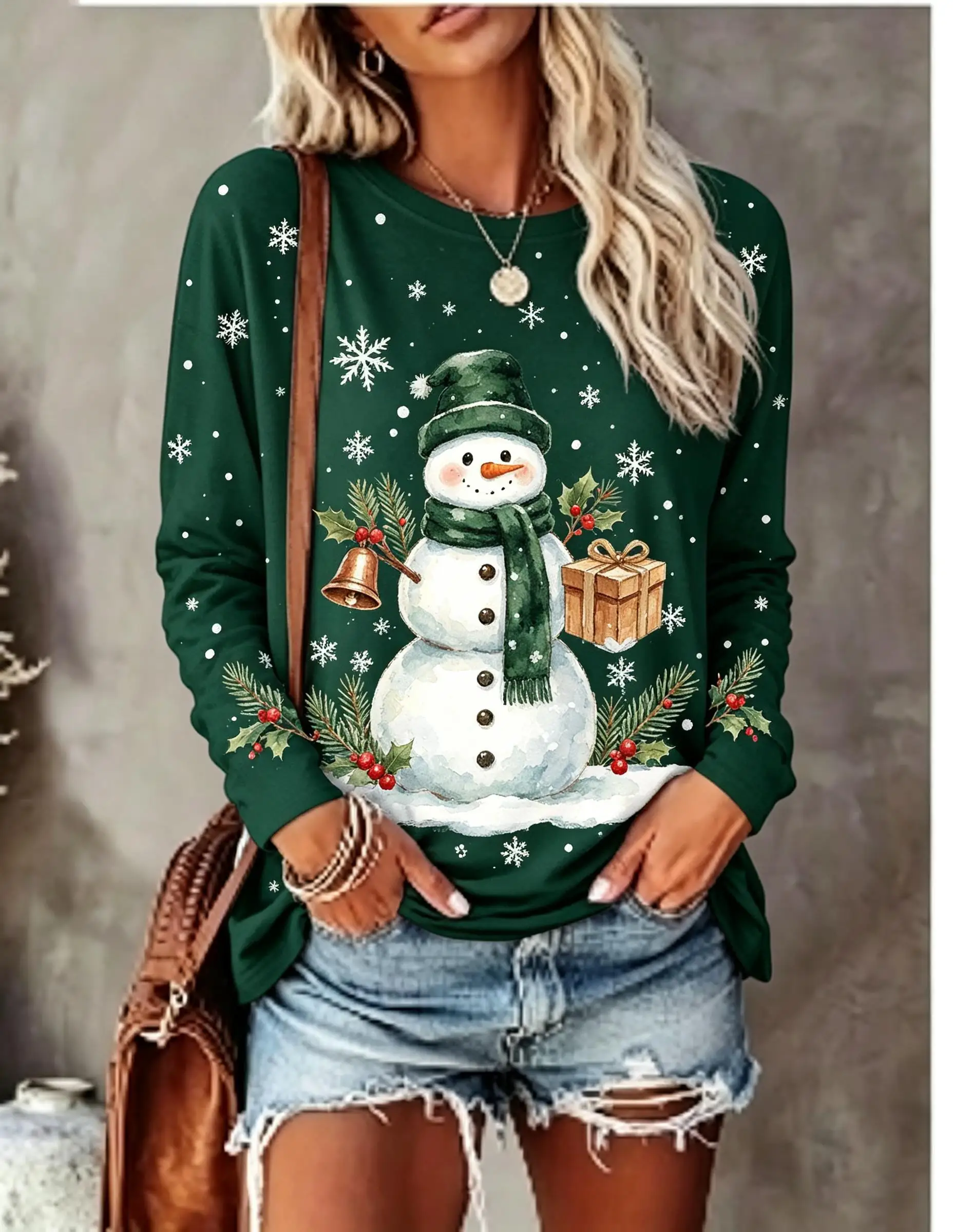 Women's Long Sleeve T-shirt Cute Blue Snowman Gift Bell Snowflake Print Crew Neck Casual Top