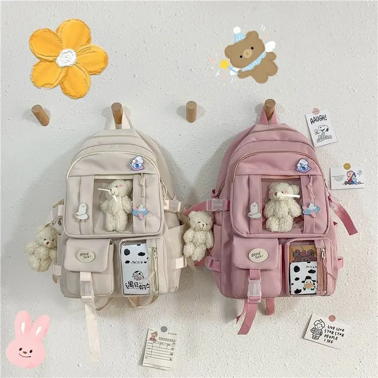 5 stks/set Kawaii rugzak met beer, poppen en badges als accessoires, canvas schooltassenset, leuke rugzak voor cosplay, tiener, student, schooltas met grote capaciteit, boekentassen met gesp, Paars