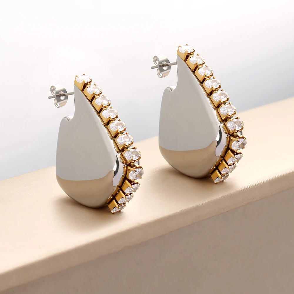Polished Shiny CZ Inlaid Stainless Steel Earrings Fashion Women's Hollow Ear Jewelry Anti Allergic