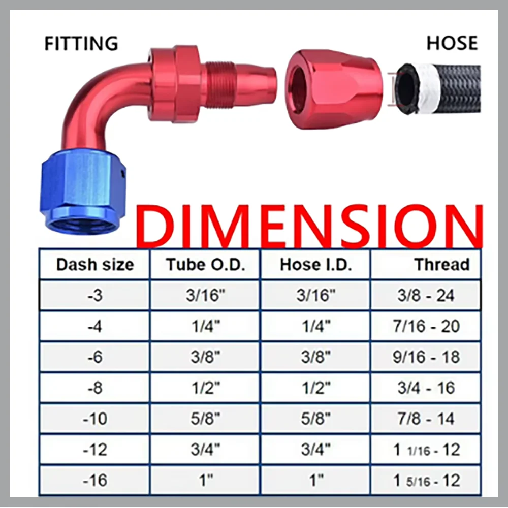 1PCS Universal Oil Fuel Swivel Hose End Fitting Aluminum AN4/6/8/10/12/16/20 0°/45°/90°180° Degree Oil Fuel Line Red Blue