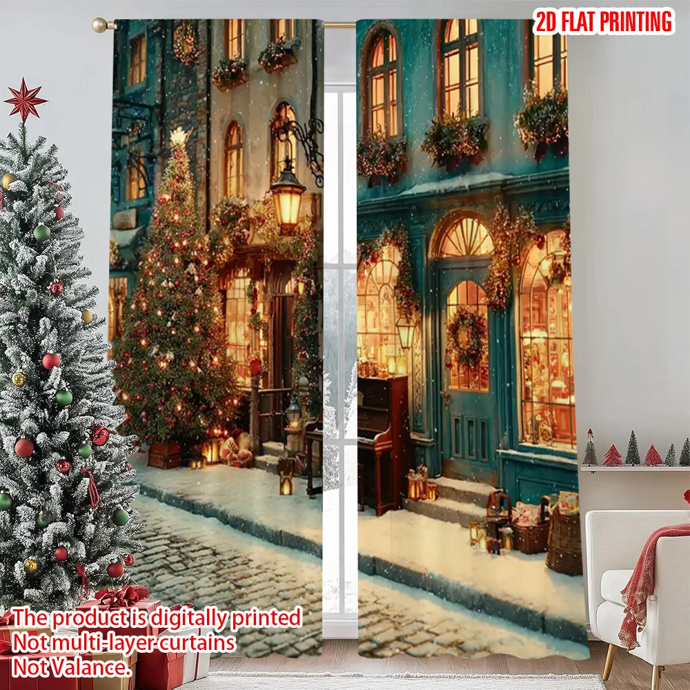 

2pcs 2D flat printing Christmas Scene Curtain snowy street scene Versatile Polyester Fabric Without Electricity Versatile Use