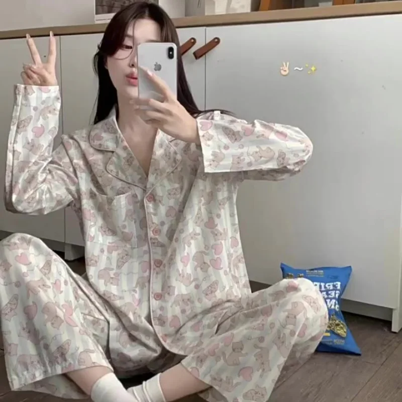 

Spring and Autumn New Women's Net Red Wind Pajamas Homewear Set of Girls Long-Sleeved Pants Printed Cute Cat Pajamas Homewear