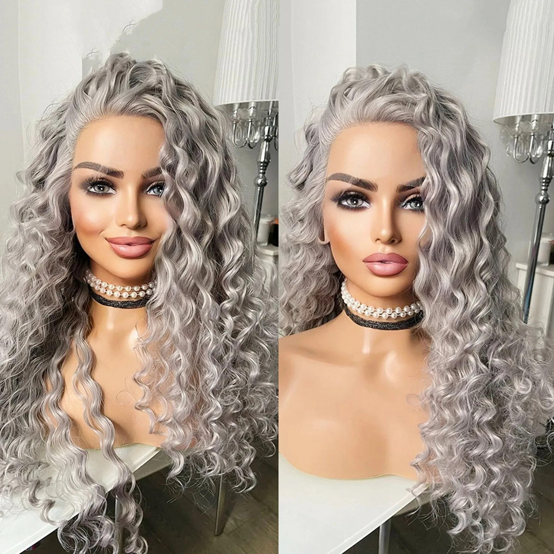 Parrucca Glueless anteriore in pizzo riccio lungo grigio argento 13x4 per le donne Parte centrale Parrucche frontali in pizzo con linea sottile naturale Parrucca sintetica