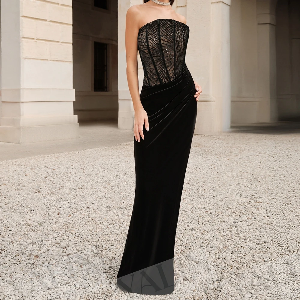 

Women's Straight Evening Dresses Floor-length Strapless Sleeveless Prom Gown Fashion Sequined Pleat Backless Customized Gowns