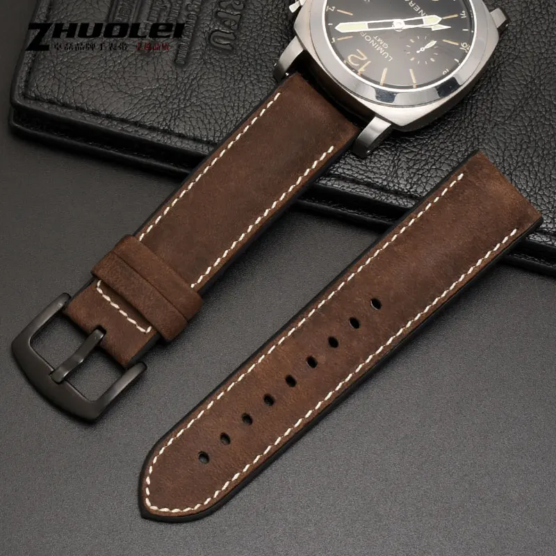 Matte leather rubber bottom strap For fossil Panerai 20mm 21mm 22mm 23 24mm waterproof soft Dark/light brown cowhide watchband