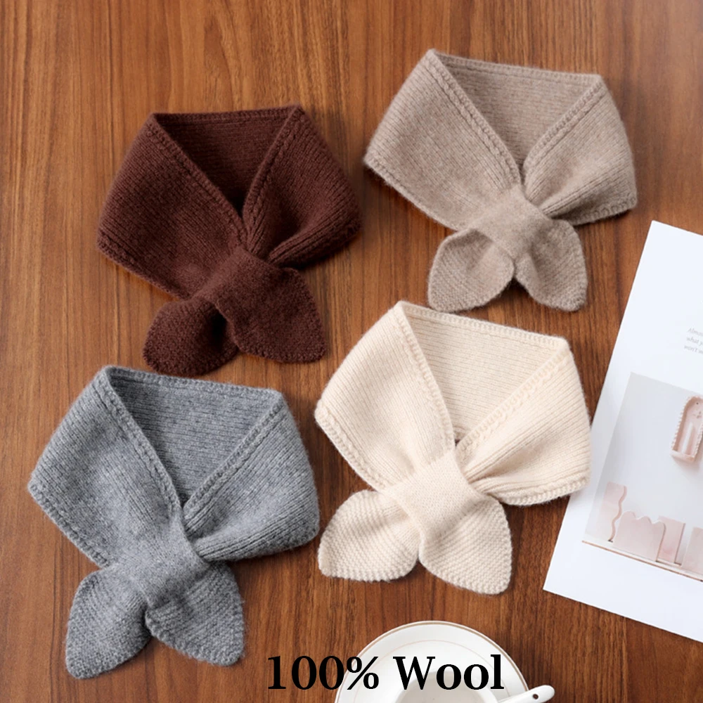 100% Wool Knitted Small Scarf Bowknot Cross Knit Ring Neck Scarves 2025 Trendy Winter Warm Soft Wool Warm Scarf Women Gifts New