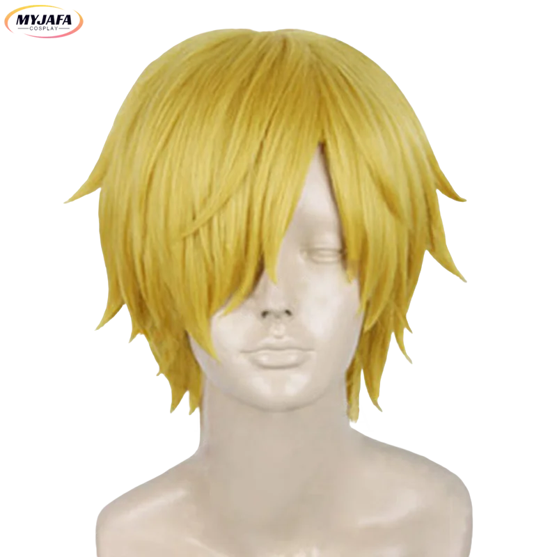 High Quality Anime Sanji Cosplay Wig Sanji Wig Short Straight Golden Yellow Heat Resistant Synthetic Hair Wigs + Wig Cap