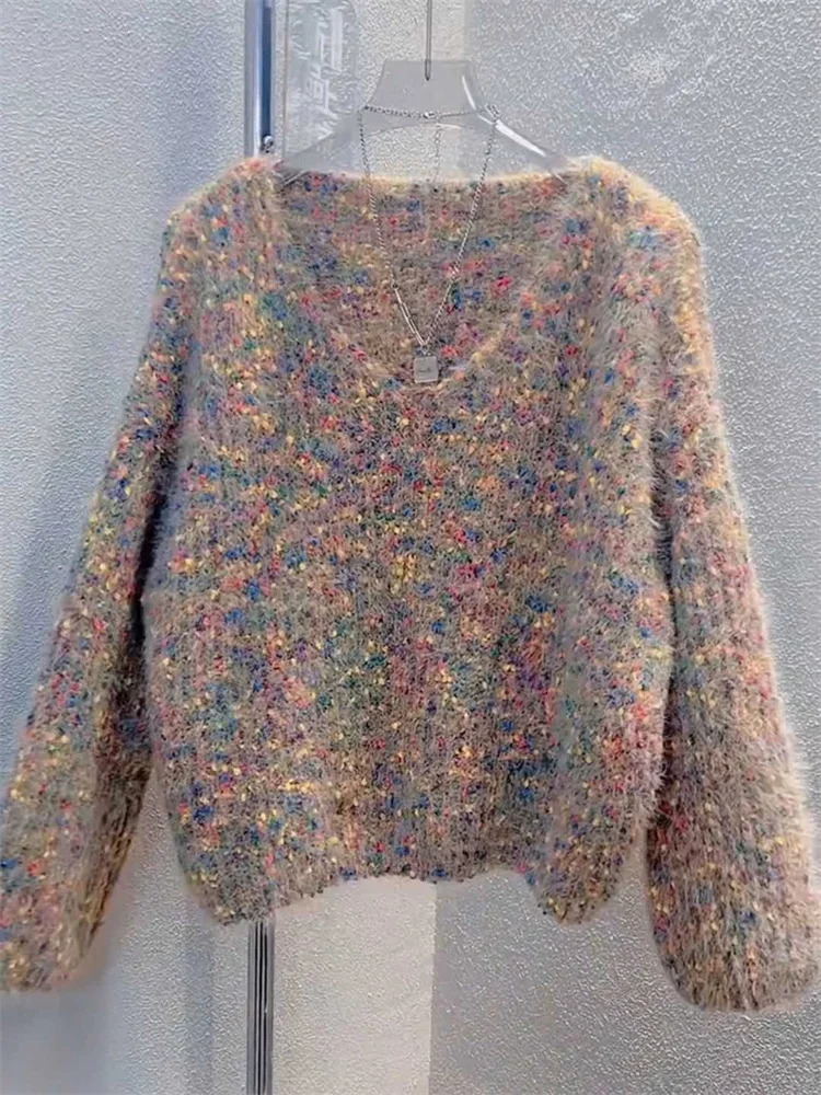 

Spring and Autumn Casual Style Sweater Female V-neck Pullover Clothing 2025 Korean Design Short Thickened Tops Knitted Sweaters