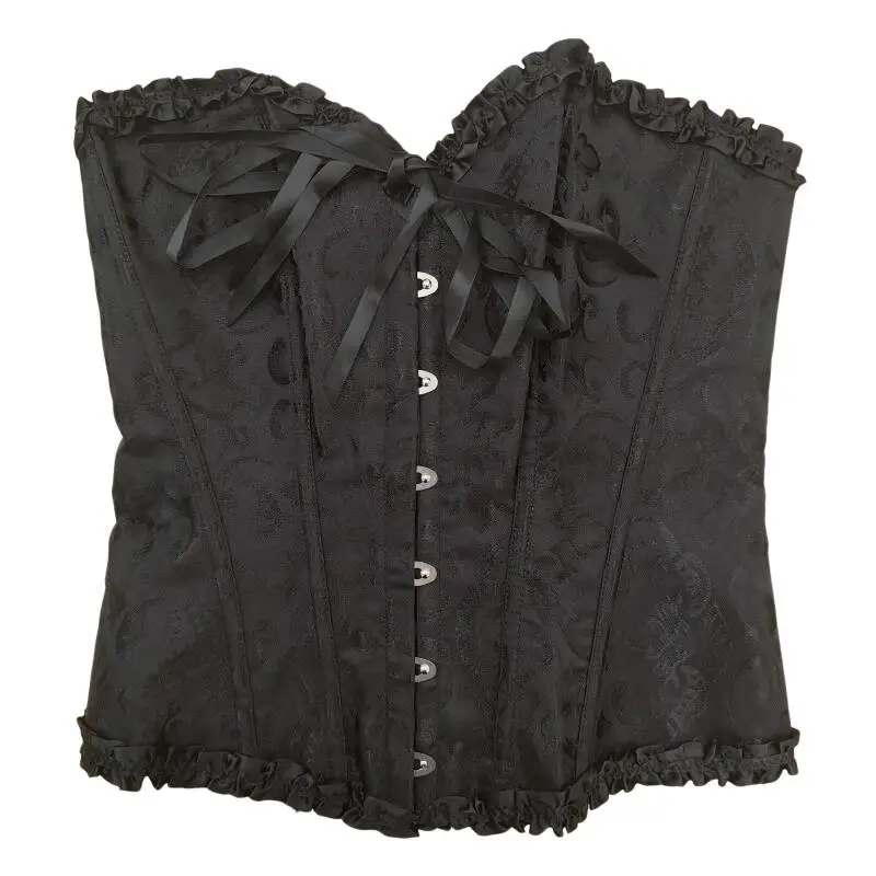 Black Jacquard Corset Top Women Vintage Overbust Bustier Boned Shapewear Gothic Lingerie With Ruffle Trim For Court Party Clothe - view 2