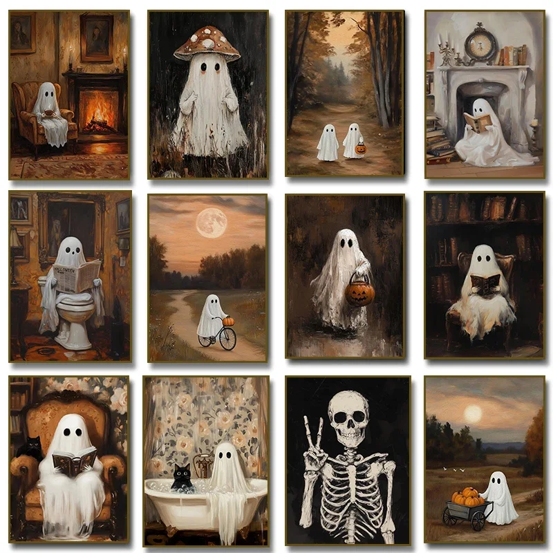 Spooky Witch Cat Reading Pumpkin Landscape Halloween Poster Canvas Wall Art Home ation
