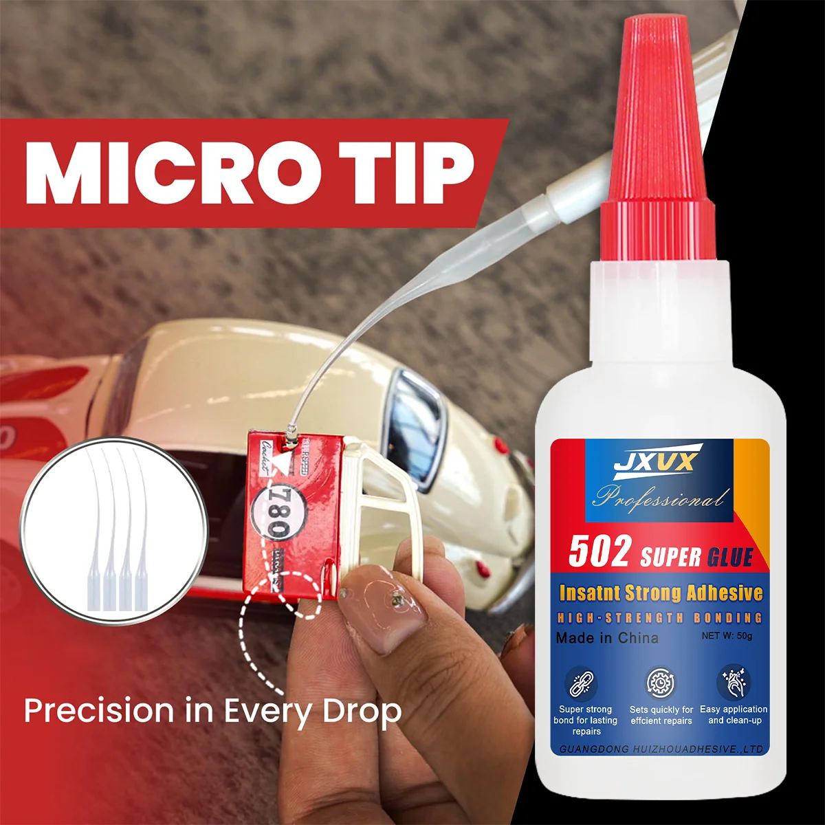 502 Super-Sekundenkleber, schnell trocknend, Cyanacrylat-Klebstoff, Leder, Holz, Metall, Kunststoffe, starker Flüssigkleber, Werkzeug, Sekundenkleber, wasserfest, 50 g transparenter Reparaturkleber