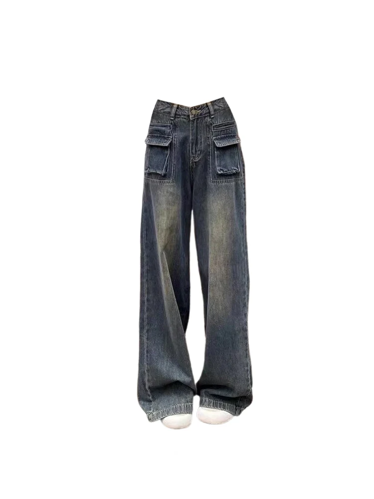 Calça jeans folgada cinza feminina, vintage coreano oversize, calça de cowboy de cintura alta Harajuku denim, anos 90, Y2k, 2000, roupa da moda