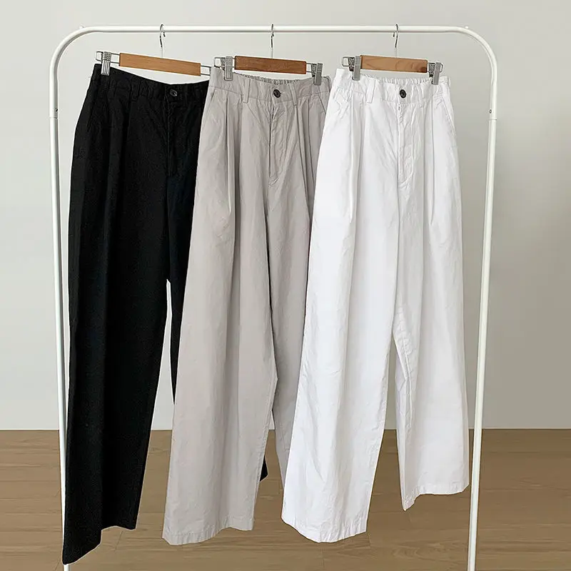 

2023 Summer Men New Fashion Cotton Solid Color Wide Leg Loose Casual Pants Male Elastic Waist Pockets All-match Trousers N48