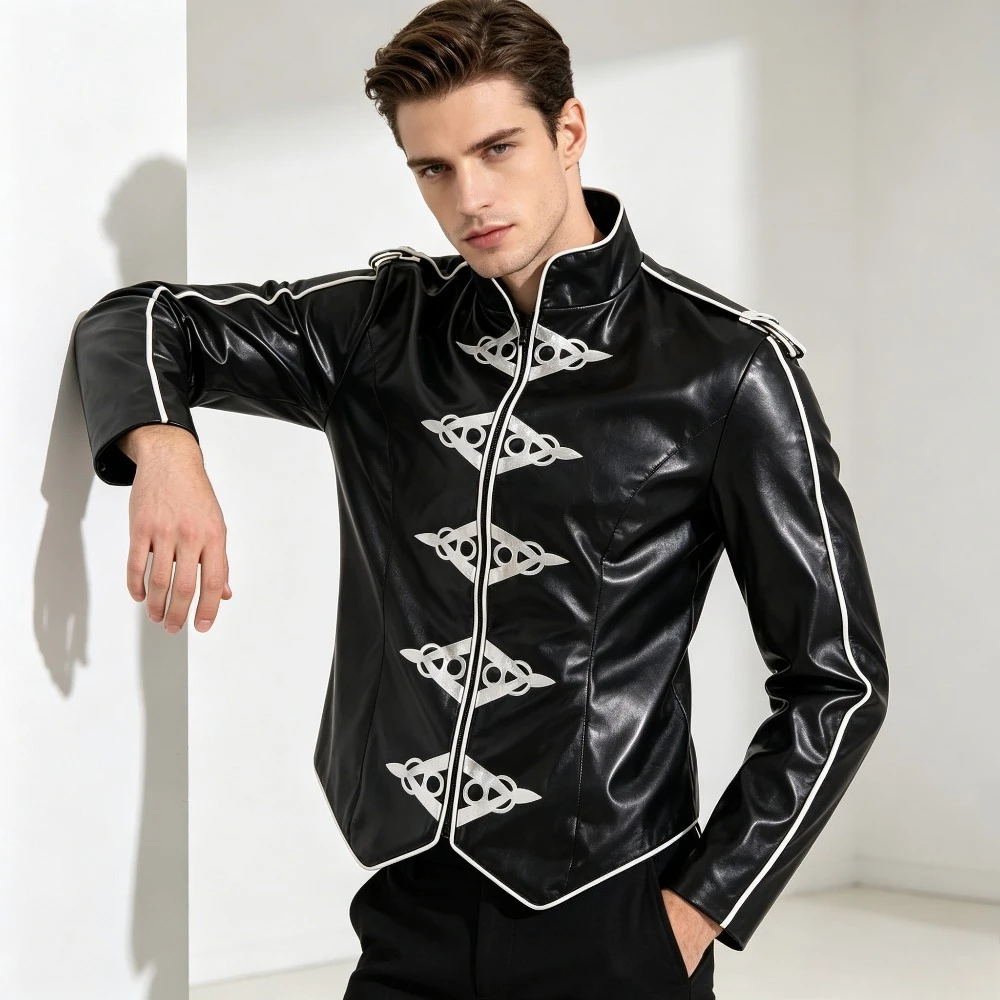 

Celebrity Concert Stage Costume Black Leather Jacket Punk Heavy Metal Adult Unisex Halloween Carnival Party Comic-Con Outfit