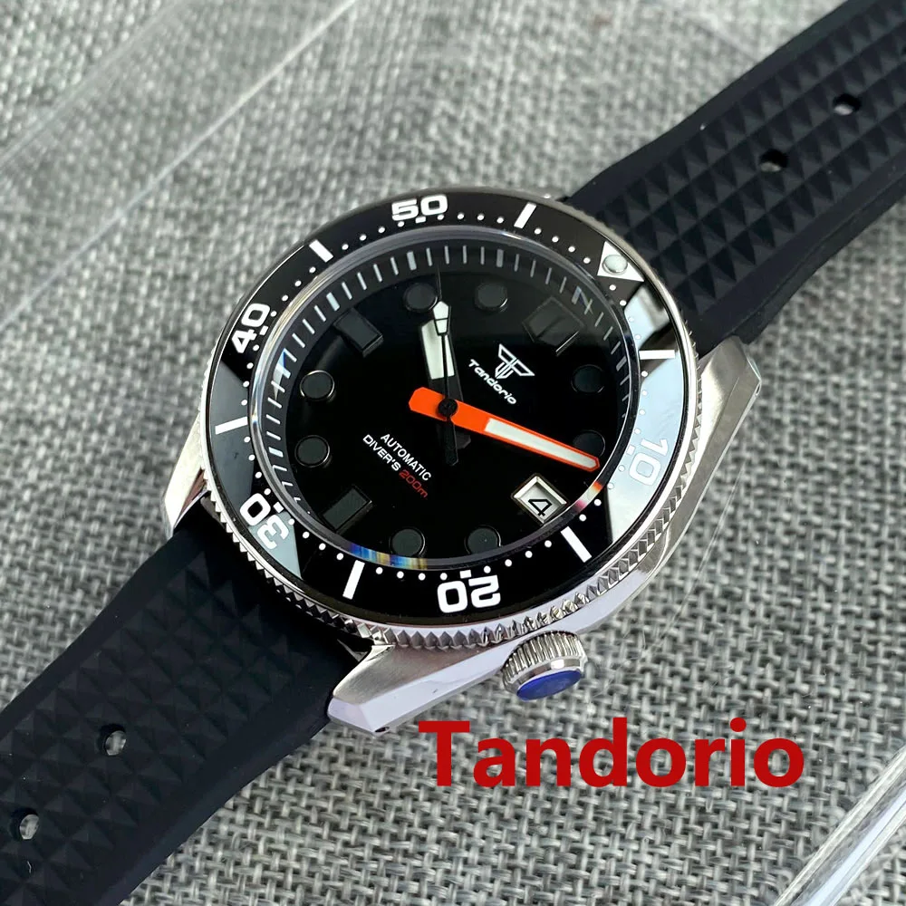 20ATM Diving Tandorio 42.5mm NH35A Automatic Men Watch Sapphire Glass Luminous Rubber Strap Date 3.8 o\'clock Crown Black Dial