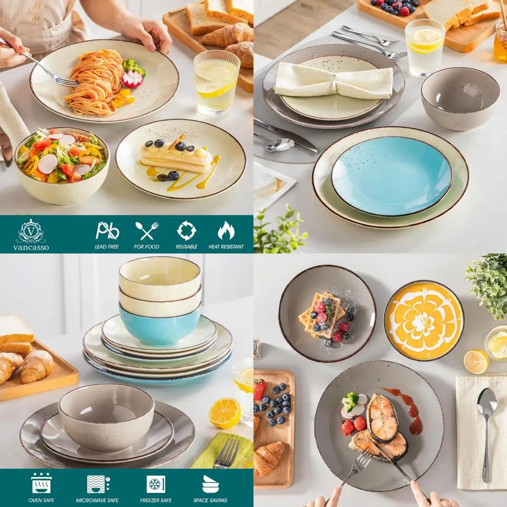 Juego de vajilla de gres, patrón de manchas en aerosol multicolor, platos y cuencos de 4 piezas para ensalada, postre y cereales