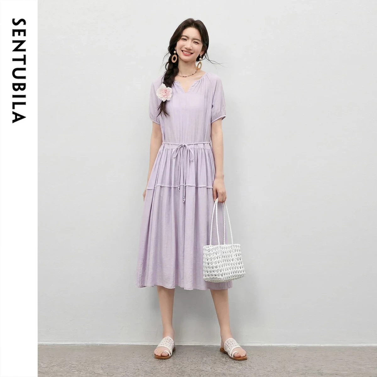 SENTUBILA Summer Purple Dresses for Women 2026 Elegant Ladies Short Sleeve Tied Waist A Line Midi Dress Woman Clothes Q62LI6886