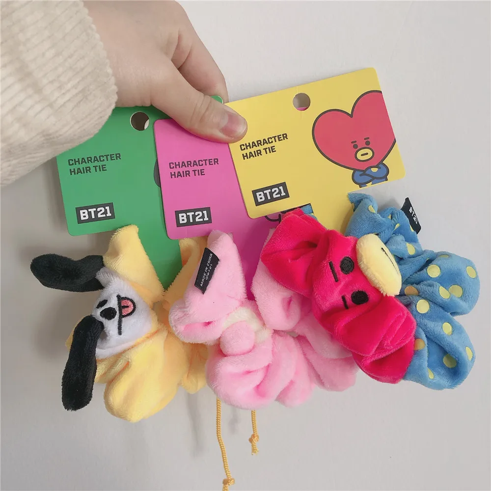 Kawaii Bt21 Plush Hair Rope Anime Girls Heart Y2k COOKY SHOOKY KOYA CHIMMY Cartoon Ponytail Head High Elastic Rubber Accessories