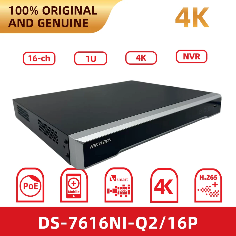 Hikvision 16 Channel PoE NVR DS-7616NI-Q2/16P Built-in 16 PoE Ports 4K Resolution Smart265 Video Recorder 2 HDD Slots Remote Acc