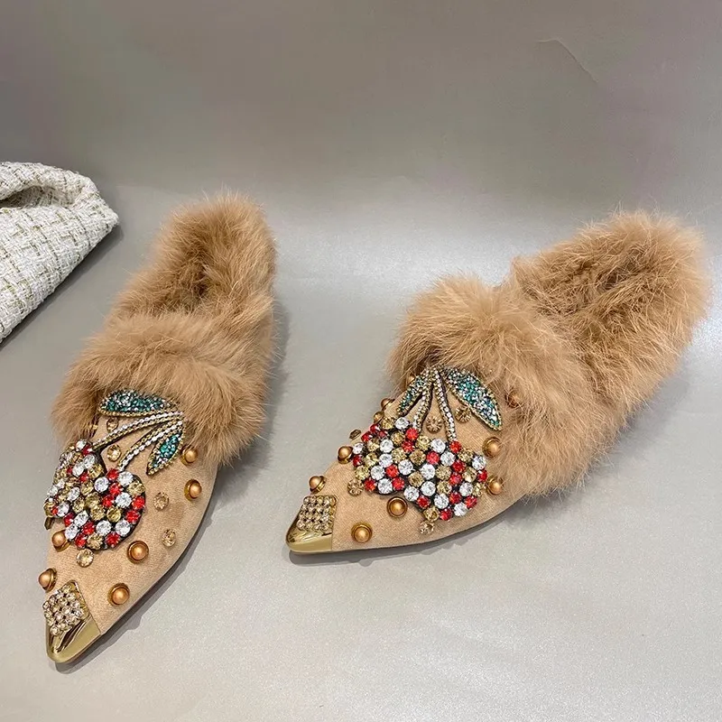 New Rabbit Fur Pearl Multi Cystal Cherry Fox Flats Loafers Crystal Studs pointy toe Winter Fur Causal Shoes Woman Footwear