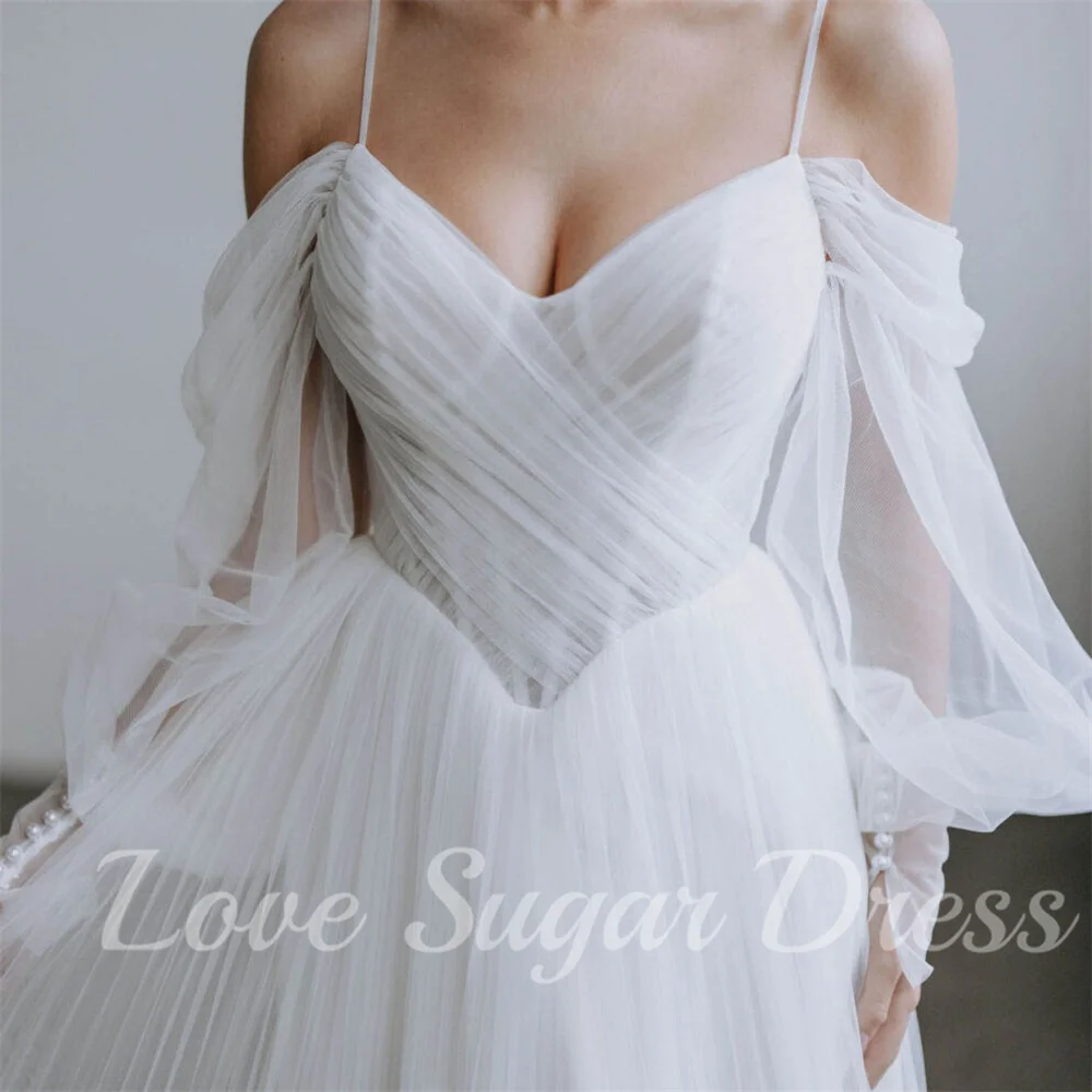 Plisowane suknie ślubne A Line V Neck Tulle Bridal Gowns Sexy Off Shoulder Floor Length Bride Dress vestidos para mujer