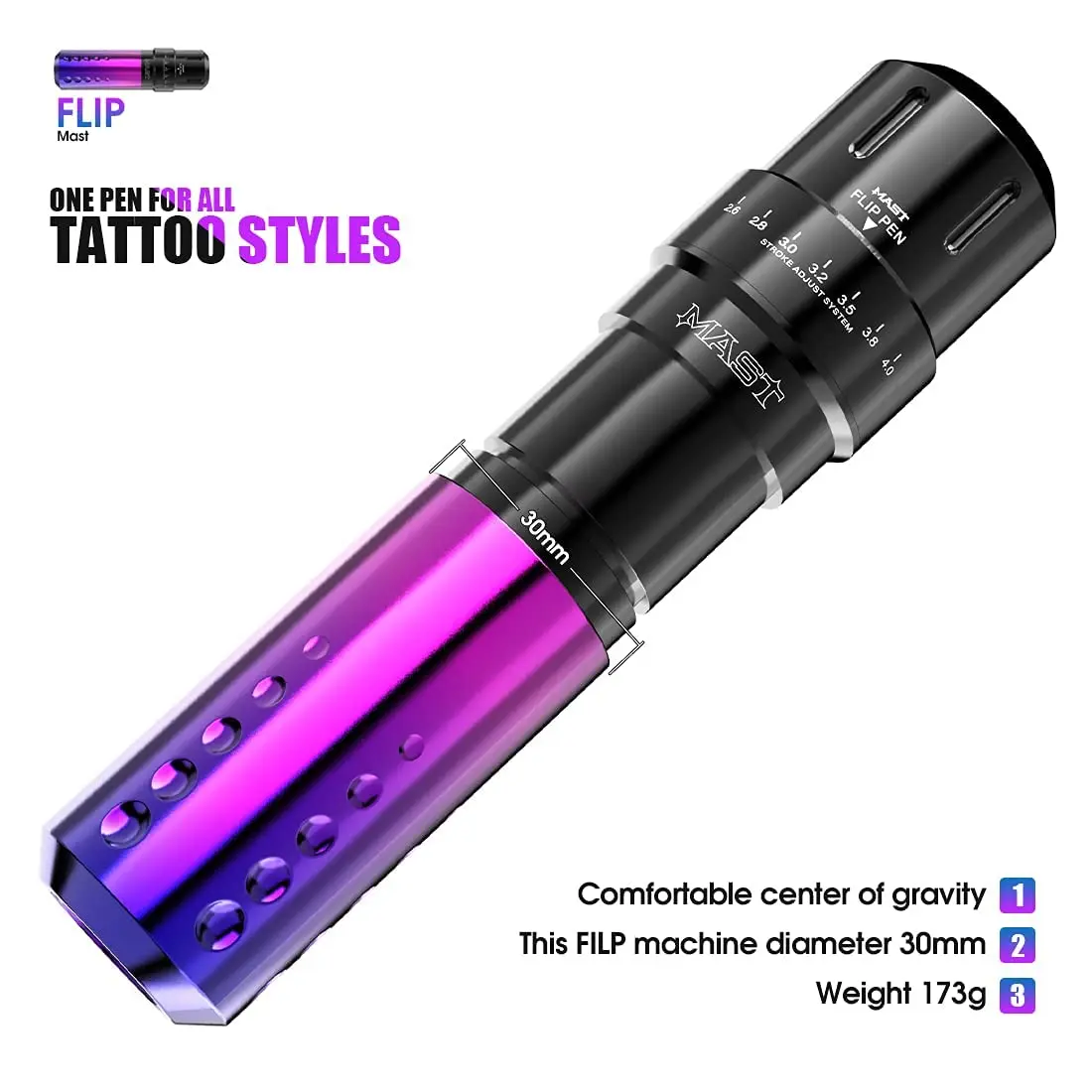 Mast Flip Complete Tattoo Kit Wireless Tattoo Machine with 7 Strokes 2.6-4.0mm  2 Batteries for Beginner Tattoo Kit