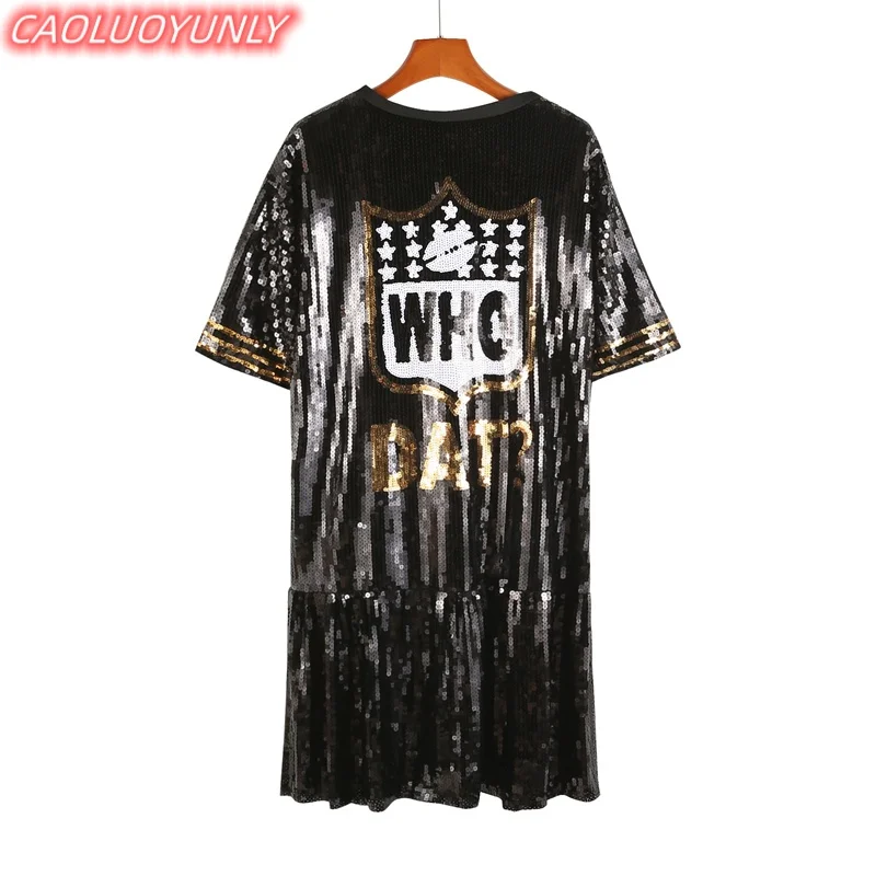 Summer High Quality Streetwear Letter Sequins Tassel Stripe Short Sleeve T-Shirt Hip Hop Round Neck Straight Loose Women's Wears