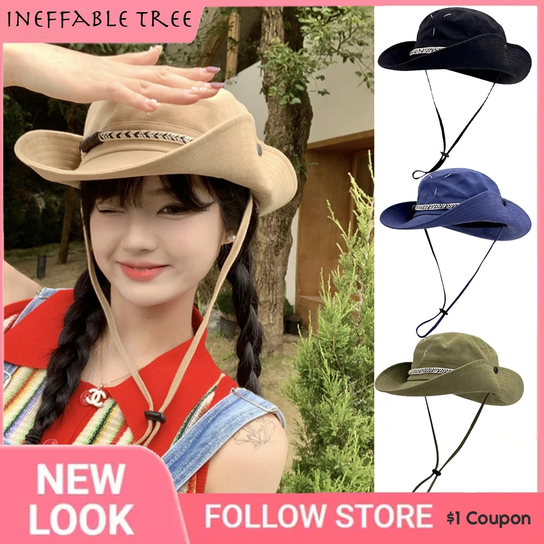 

Western Cowboy Hat Summer Retro Drawstring Big Eaves Fisherman Hat for Women Men Outdoor Fishing Men Sun Caps Sombreros De Mujer