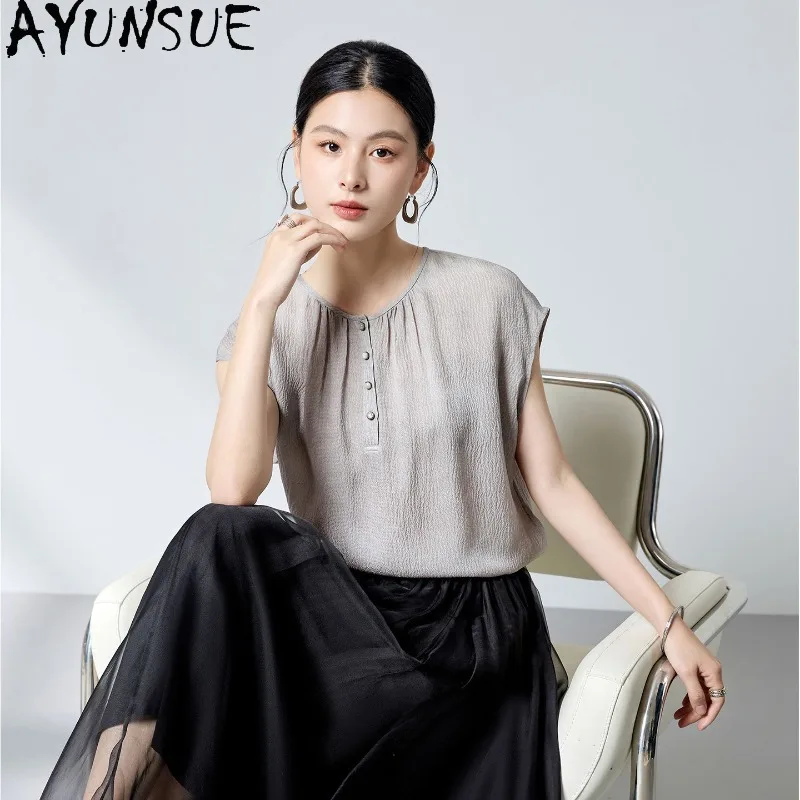 

AYUNSUE 100% Silk Women's Blouses and Shirts O-neck Summer Tops for Woman Fashion Commuting Blouse Woman Clothes Блузка Женская