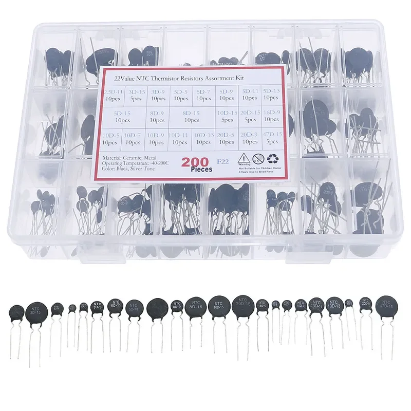 200Pcs 22Value NTC Thermistor Negative Temperature Coefficient Kit 5D-7 5D-7 8D-9 8D-15 10D-9 10D-11 16D-9 20D-5 20D-9 47D-15