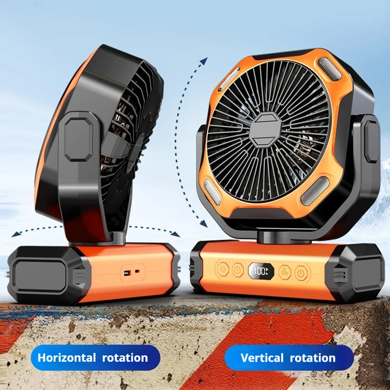 مروحة خارجية متعددة الوظائف مع إضاءة LED ومروحة معلقة أو قائمة لاسلكية قابلة لإعادة الشحن بقدرة 10000 مللي أمبير في الساعة