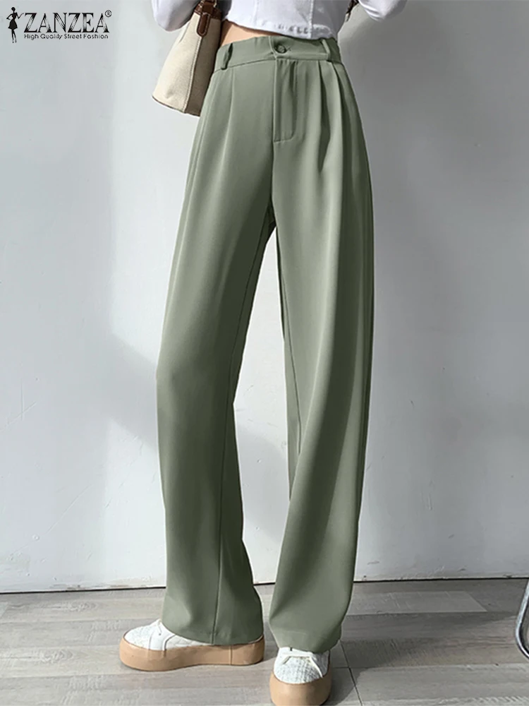 

ZANZEA Stylish Women Long Pants Elegant High Waist Solid Baggy Pantalon Summer Office Work Trousers Female Casual Loose Palazzo