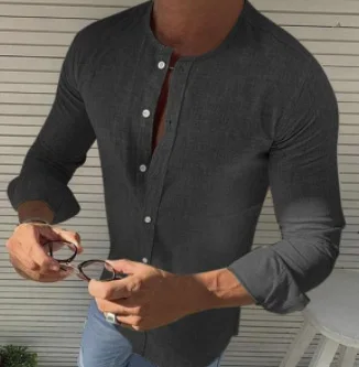 

Мужская облегающая длинная льняная ткань Sve New Sle Casual Busin Faionable с воротником-стойкой из бамбукового угля