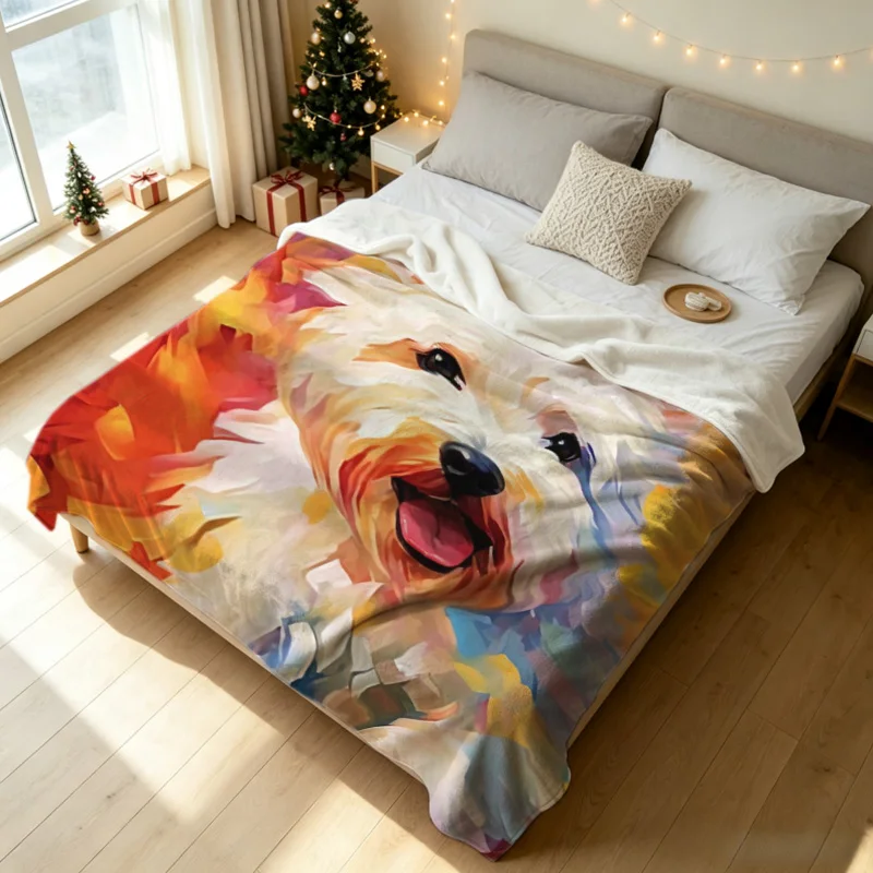 Adorable Color Oil Painting West Highland White Terrier Printing Flannel Throw Blanket, 2D Single-Sided Printed Holiday Blanket