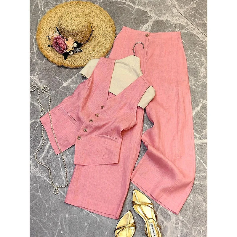 Été femmes Faion rose lin coton v-ne costume gilet ensemble pantalons longs deux pièces ensemble Ele Street Sle vêtements de travail