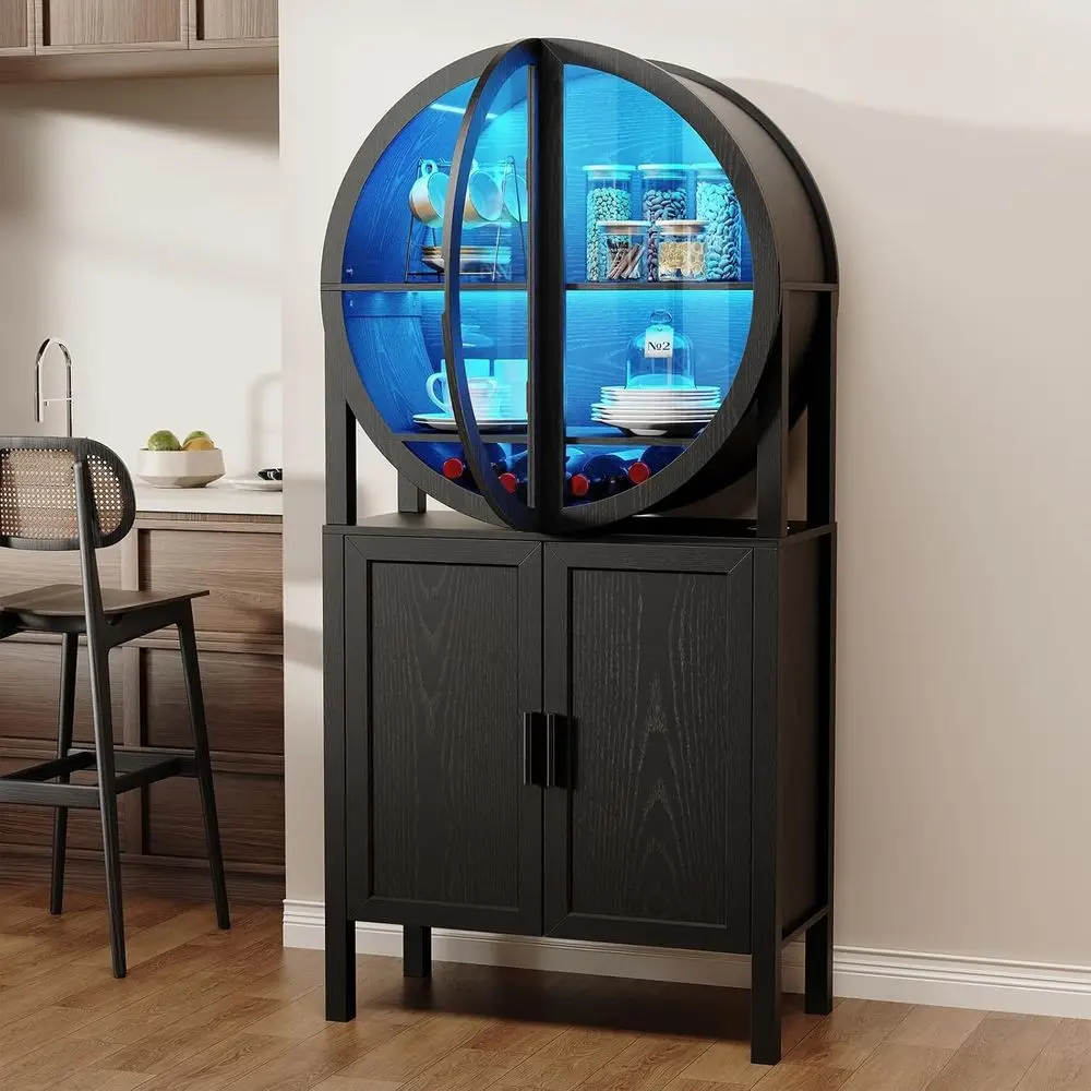Illuminated 65 Glass Curio Cabinet with Unique Design, Ideal for Wine and Kitchen Storage in Dining or Living Room, Sleek Black
