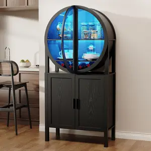 Illuminated 65 Glass Curio Cabinet with Unique Design, Ideal for Wine and Kitchen Storage in Dining or Living Room, Sleek Black
