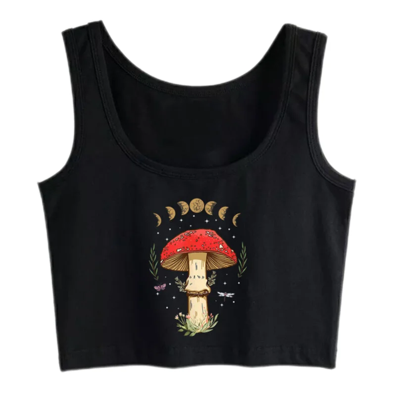 

Mushroom Cottagecore Aesthetic Design Sexy Crop Top Goblincore Mycology Harajuku Print Tank Tops Phase of The Moon Camisole