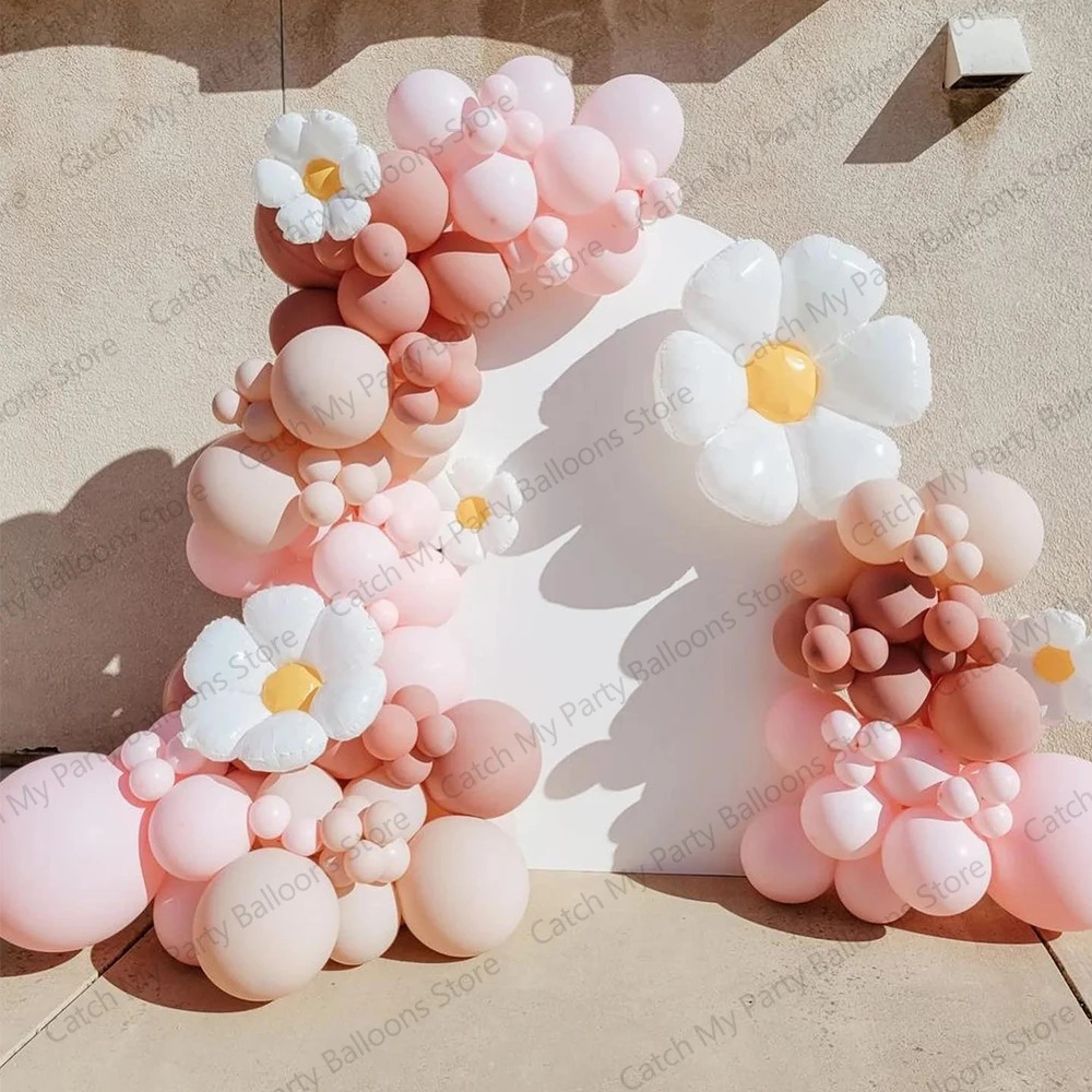 109pcs White Flower Daisy Theme Arch Garland Balloons Macaron Pink Peach Latex Ballon Kits Woman Birthday Anniverary Decor Gifts