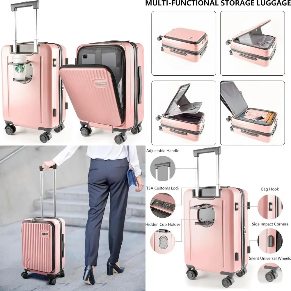 

Розовый чемодан Hardshell 19 с передним карманом, 360° ° Спиннеры, замок TSA, подстаканник и крючок для сумки — одобренные авиакомпанией