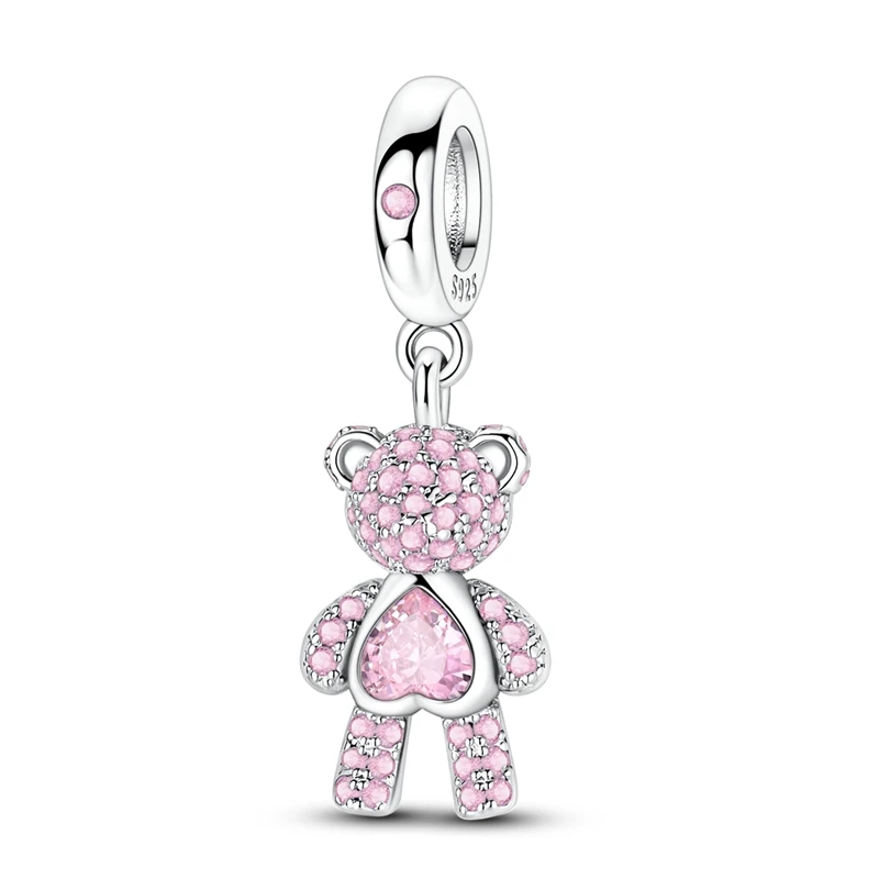 Passend für Original-Armband 925 Sterling Silber Charms Perle CZ Zirkon Rosa Schimmernder Teddybär Anhänger DIY Schmuck Geschenk