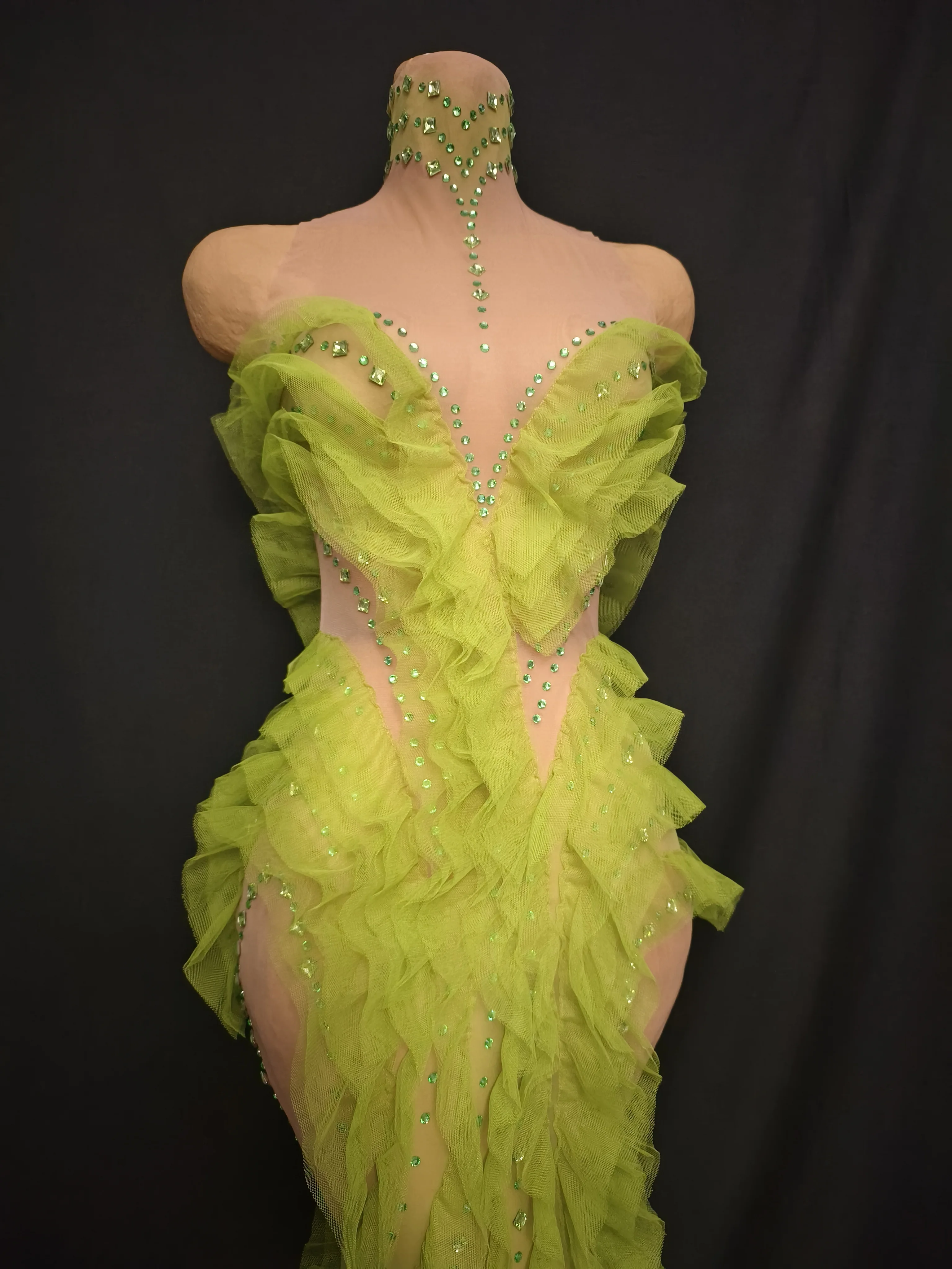 Show girl costume Luxury Party OutfitSparkly Crystals Women Sexy Green Gauze Celebrity Mesh See Through Floor-Length Birthday Dr