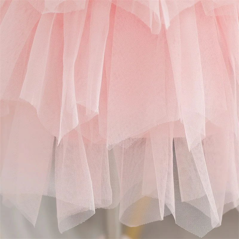 Flower Baby Pink Princess Dress for Girls Sleeveless Lace Cake Layered Dress Children\'s Mesh Fluffy Birthday Dress 2-6 Years