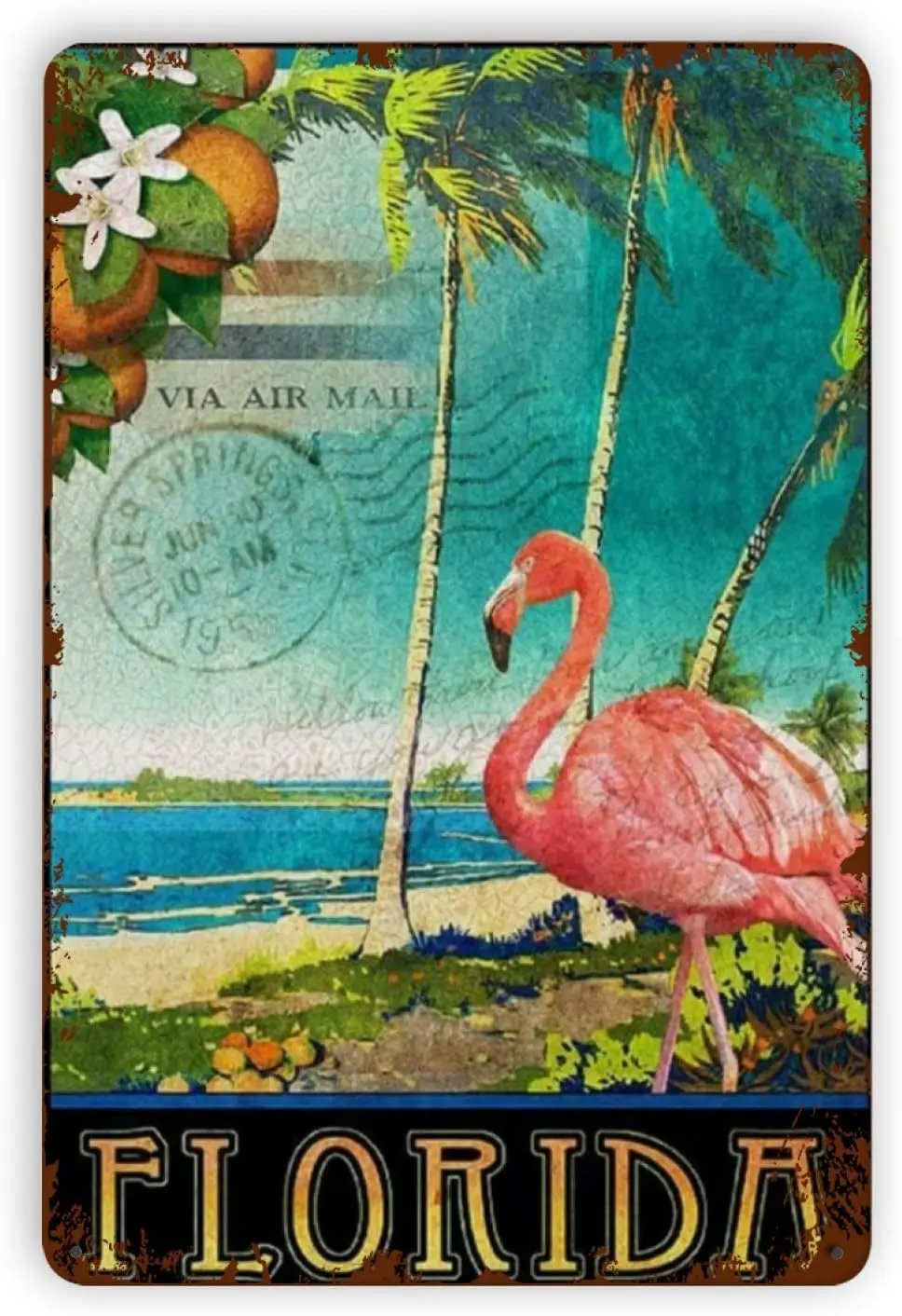 Florida Beaches with Flamingos Vintage Metal Tin Signs, Retro Art Tin Sign Decorations Plaque fo Bars Club Cafe Home